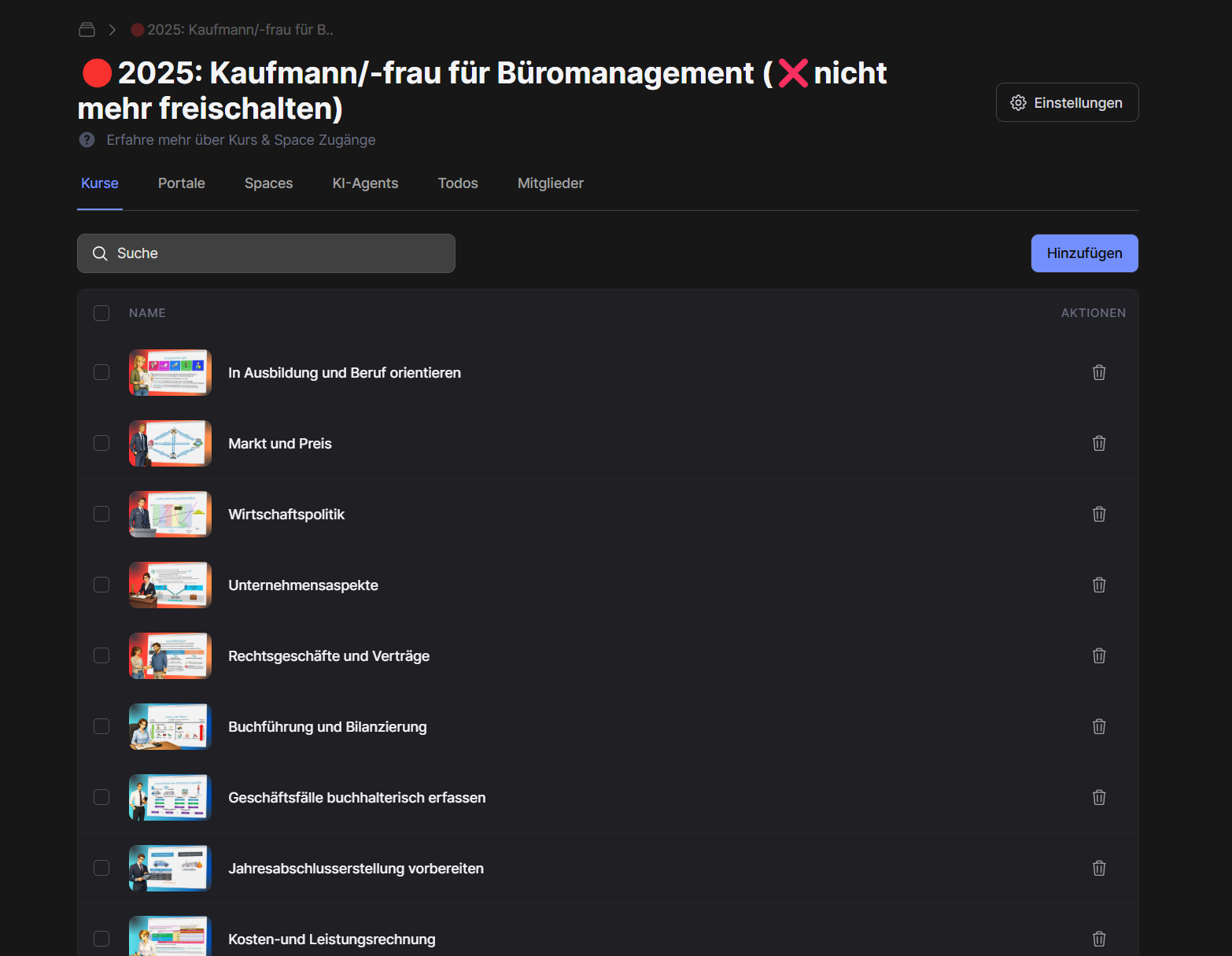 Memberspot: bisheriger Zugang „2025: Kaufmann/-frau für Büromanagement“ mit rotem Punkt und rotem X – bleibt für bestehende Azubis nutzbar