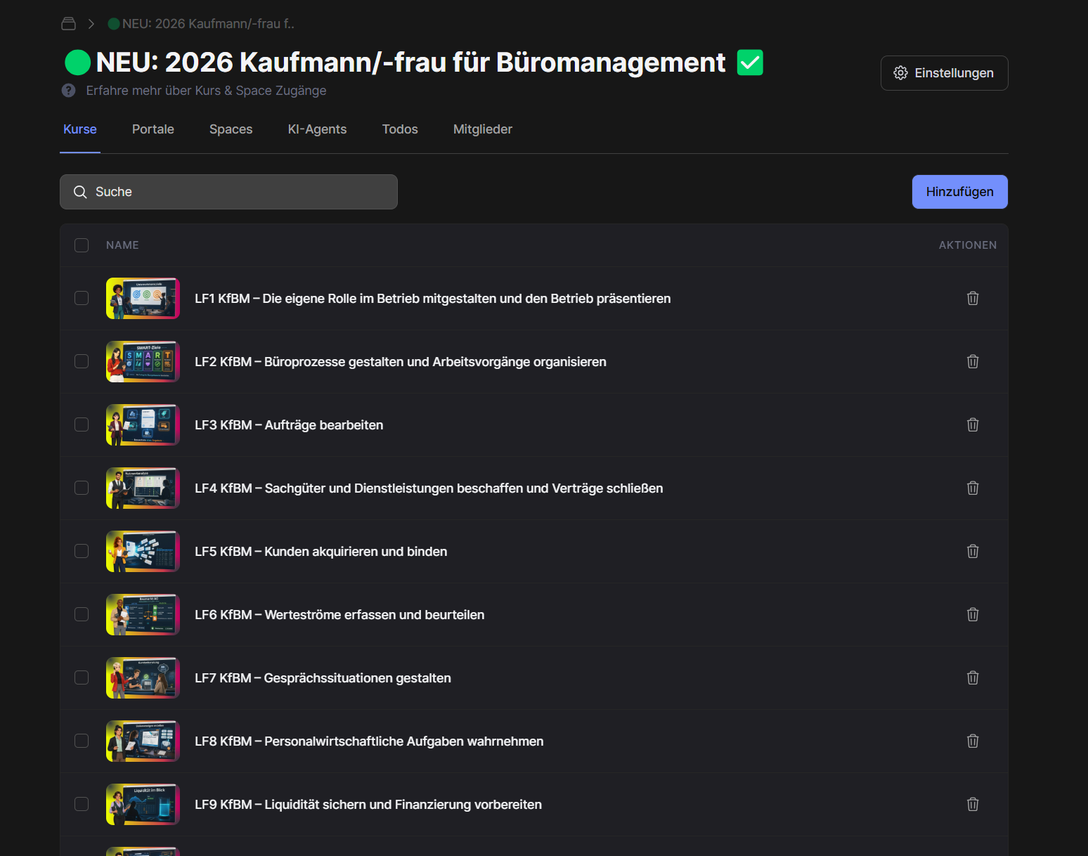 Memberspot: neuer Zugang „NEU: 2026 Kaufmann/-frau für Büromanagement“ mit grünem Punkt und grünem Haken – Kurse nach Lernfeldern LF1 bis LF9