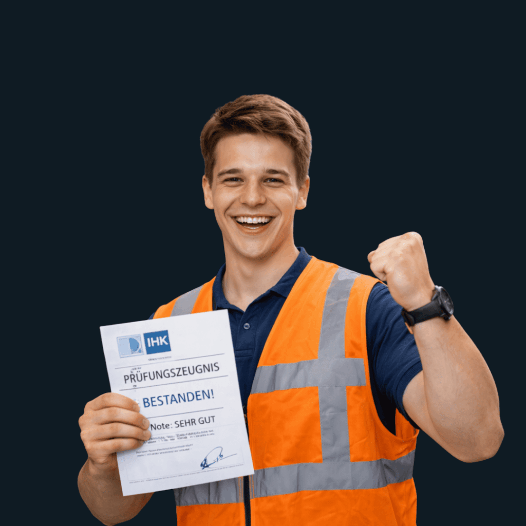 Auszubildender in Sicherheitsweste hält IHK-Prüfungszeugnis nach bestandener Abschlussprüfung in der Lagerlogistik