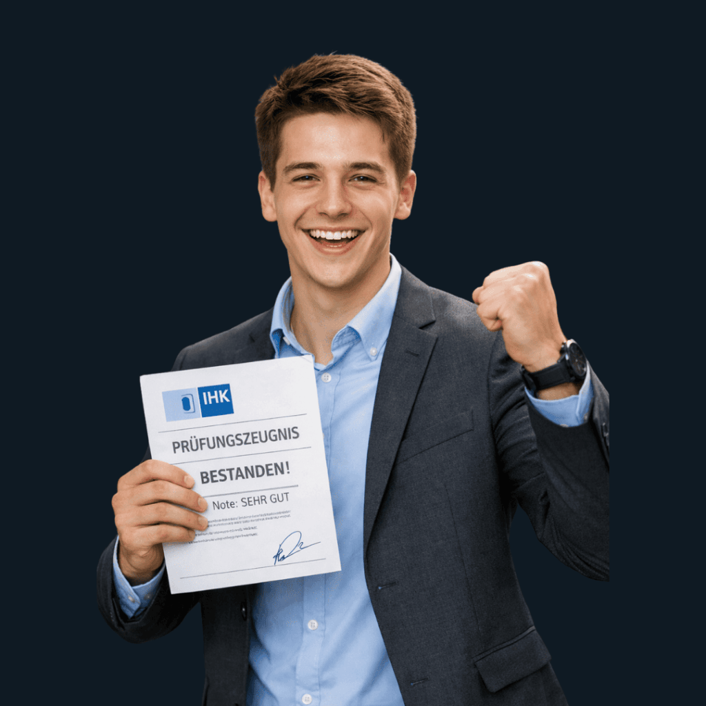 Azubi im Anzug hält ein Prüfungszeugnis mit dem Hinweis „Bestanden!“ und jubelt