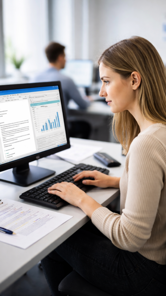 Azubi Büromanagement arbeitet am Computer Prüfungsvorbereitung IHK