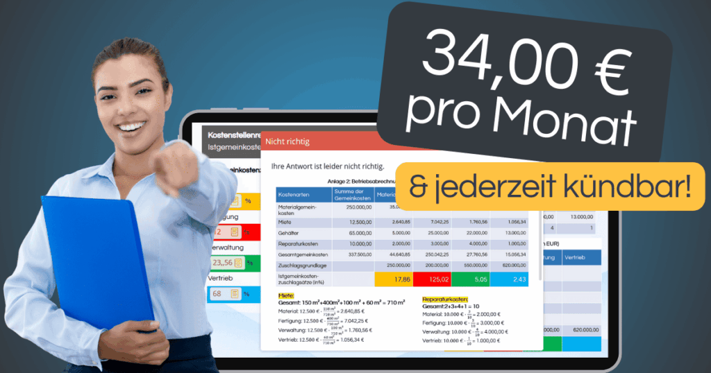 Lächelnde junge Frau zeigt Daumen hoch, daneben Tablet mit Lernscreenshot und Preis „34,00 € pro Monat – jederzeit kündbar“