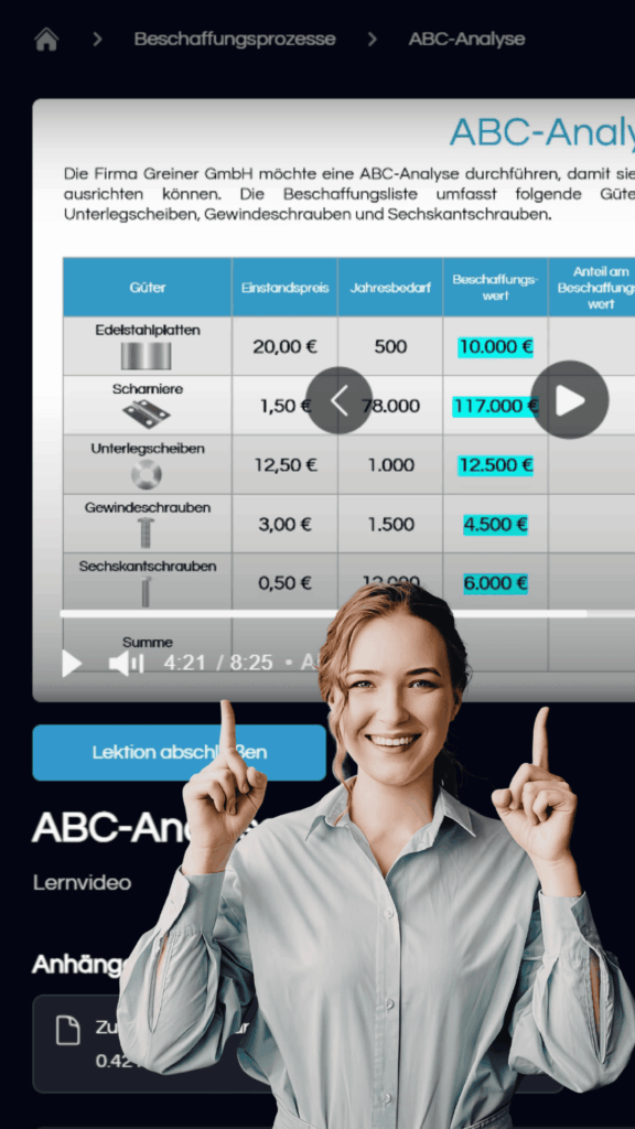 Vorschaubild einer ABC-Analyse-Lernlektion mit eingeblendetem Video, Arbeitsblatt und Frau im Vordergrund.