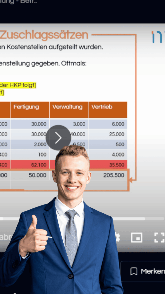 Vorschaubild einer Lernlektion zu Zuschlagssätzen mit Videoansicht und Mann im Vordergrund.