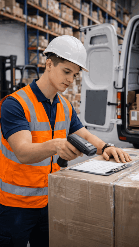 Auszubildender in der Lagerlogistik scannt Paket bei praktischer Arbeitsaufgabe in der Abschlussprüfung