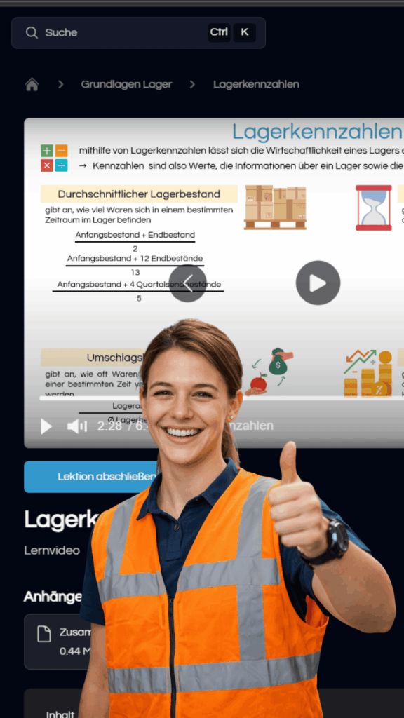 Auszubildende in Lagerlogistik nutzt digitale Lernplattform zur Prüfungsvorbereitung mit Daumen nach oben