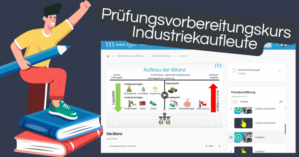 Lernplattform mit Bilanzgrafik zur Prüfungsvorbereitung Industriekaufleute und animierter Azubi mit Stift auf Büchern