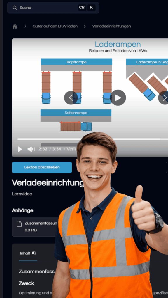 Auszubildender in Lagerlogistik lernt mit digitaler Plattform für Ladeeinrichtungen und Prüfungsinhalte