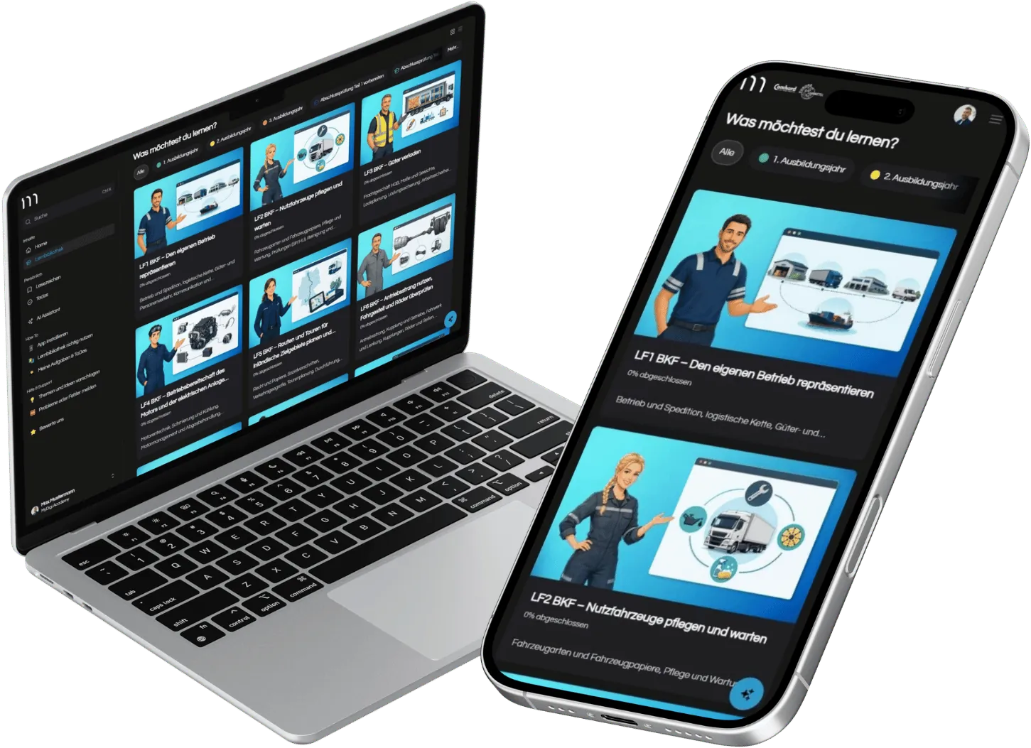 Lernplattform MyDigiAcademy für Berufskraftfahrer auf Laptop und Smartphone: Lernbibliothek mit Lernfeldern und Prüfungssimulationen