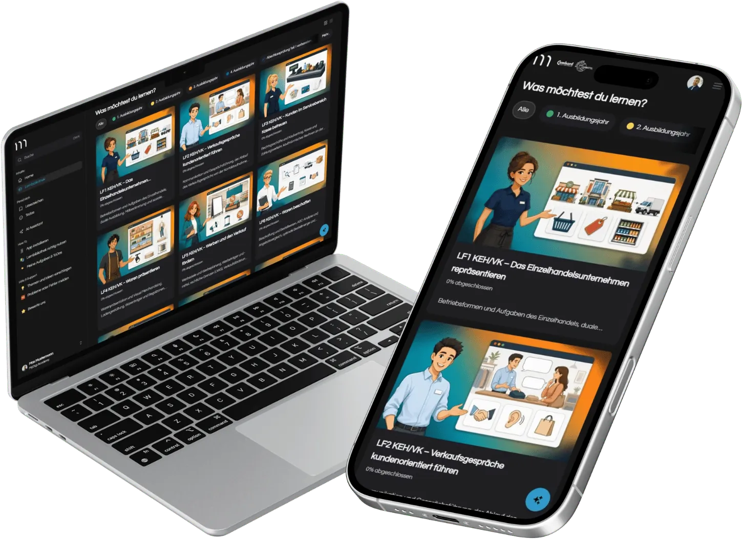 Lernplattform MyDigiAcademy für Kaufleute im Einzelhandel und Verkäufer auf Laptop und Smartphone: Lernbibliothek mit Lernfeldern und Prüfungssimulationen