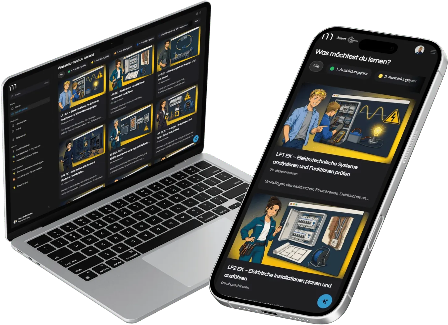 Lernplattform MyDigiAcademy für Elektroniker auf Laptop und Smartphone: Lernbibliothek mit Lernfeldern und Prüfungssimulationen