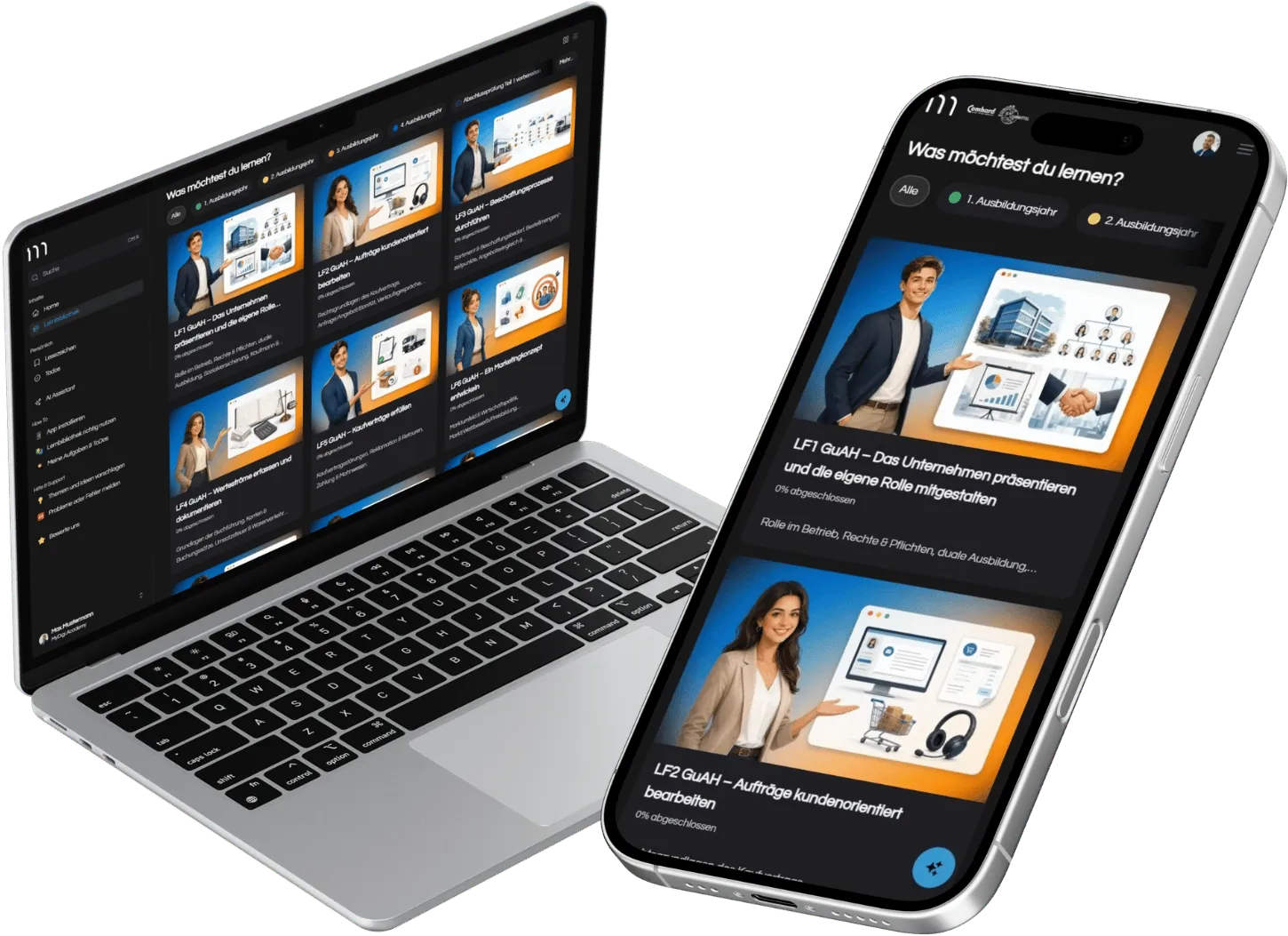 Lernplattform MyDigiAcademy für Kaufleute für Groß- und Außenhandelsmanagement auf Laptop und Smartphone: Lernbibliothek mit Lernfeldern und Prüfungssimulationen