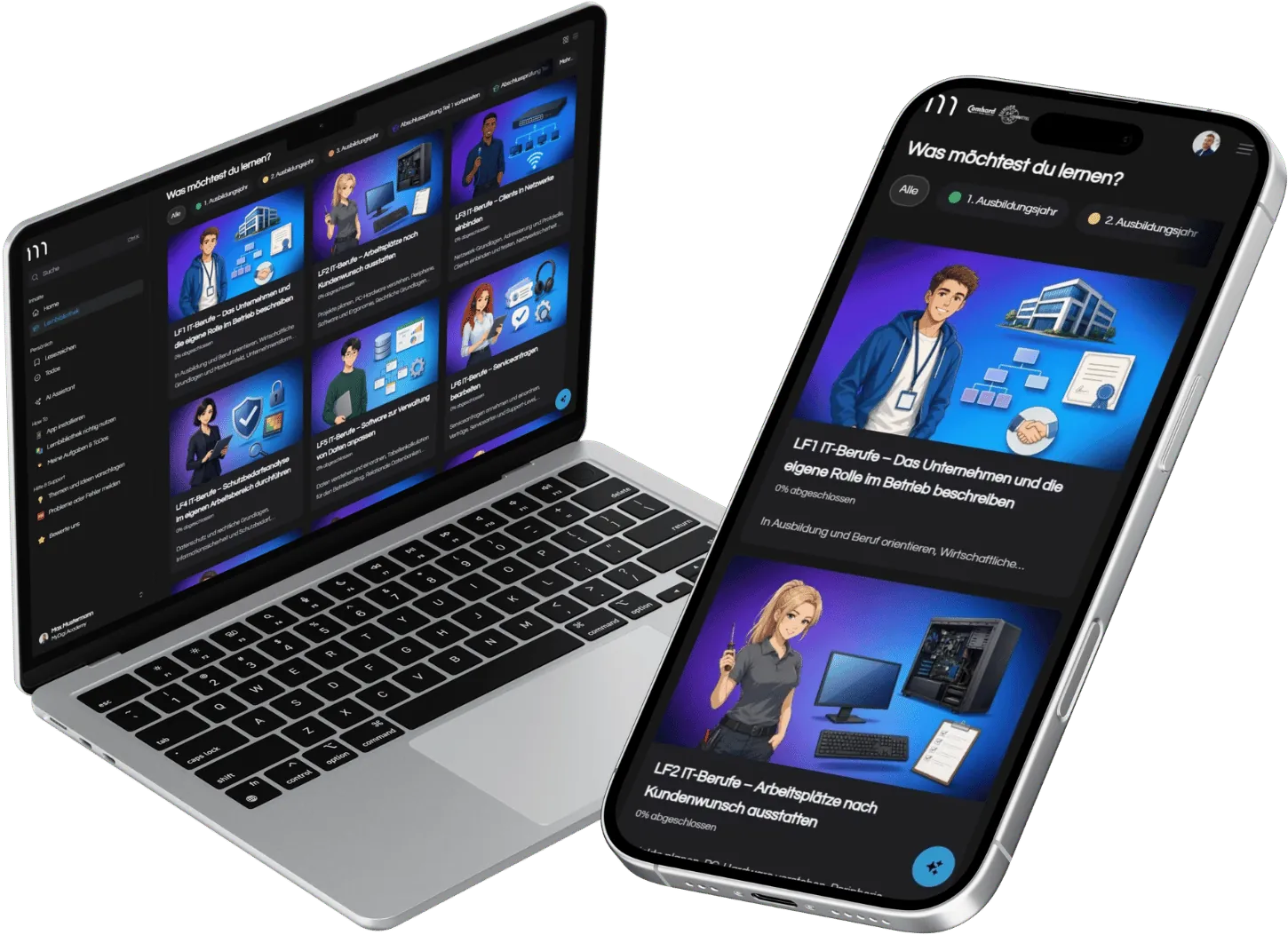 Lernplattform MyDigiAcademy für IT-Berufe auf Laptop und Smartphone: Lernbibliothek mit Lernfeldern und Prüfungssimulationen
