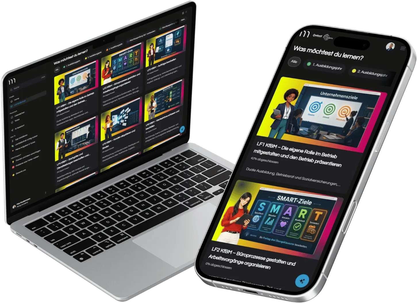 Lernplattform MyDigiAcademy für Kaufleute für Büromanagement auf Laptop und Smartphone: Lernbibliothek mit Lernfeldern und Prüfungssimulationen