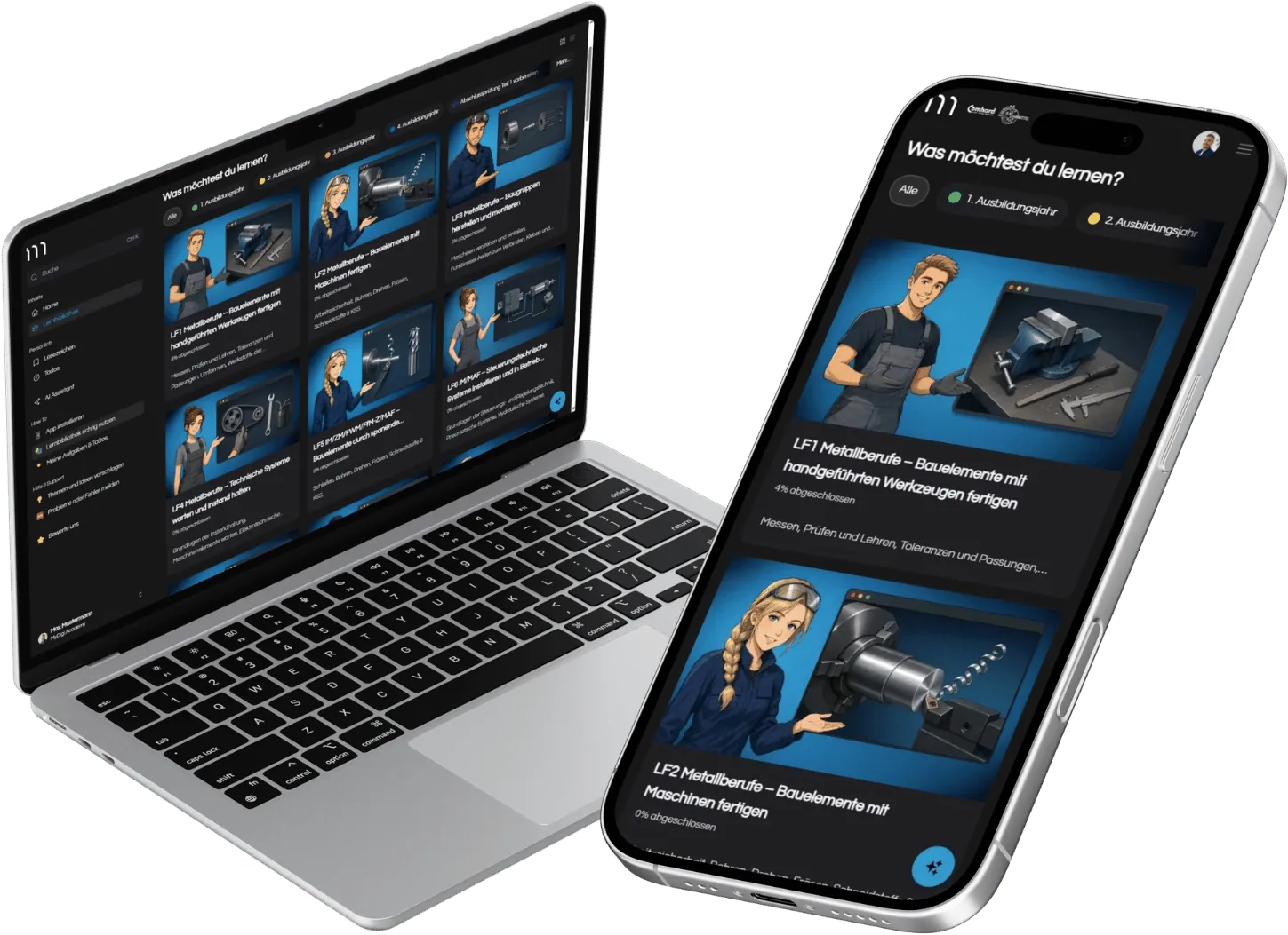 Lernplattform MyDigiAcademy für Metallberufe auf Laptop und Smartphone: Lernbibliothek mit Lernfeldern und Prüfungssimulationen