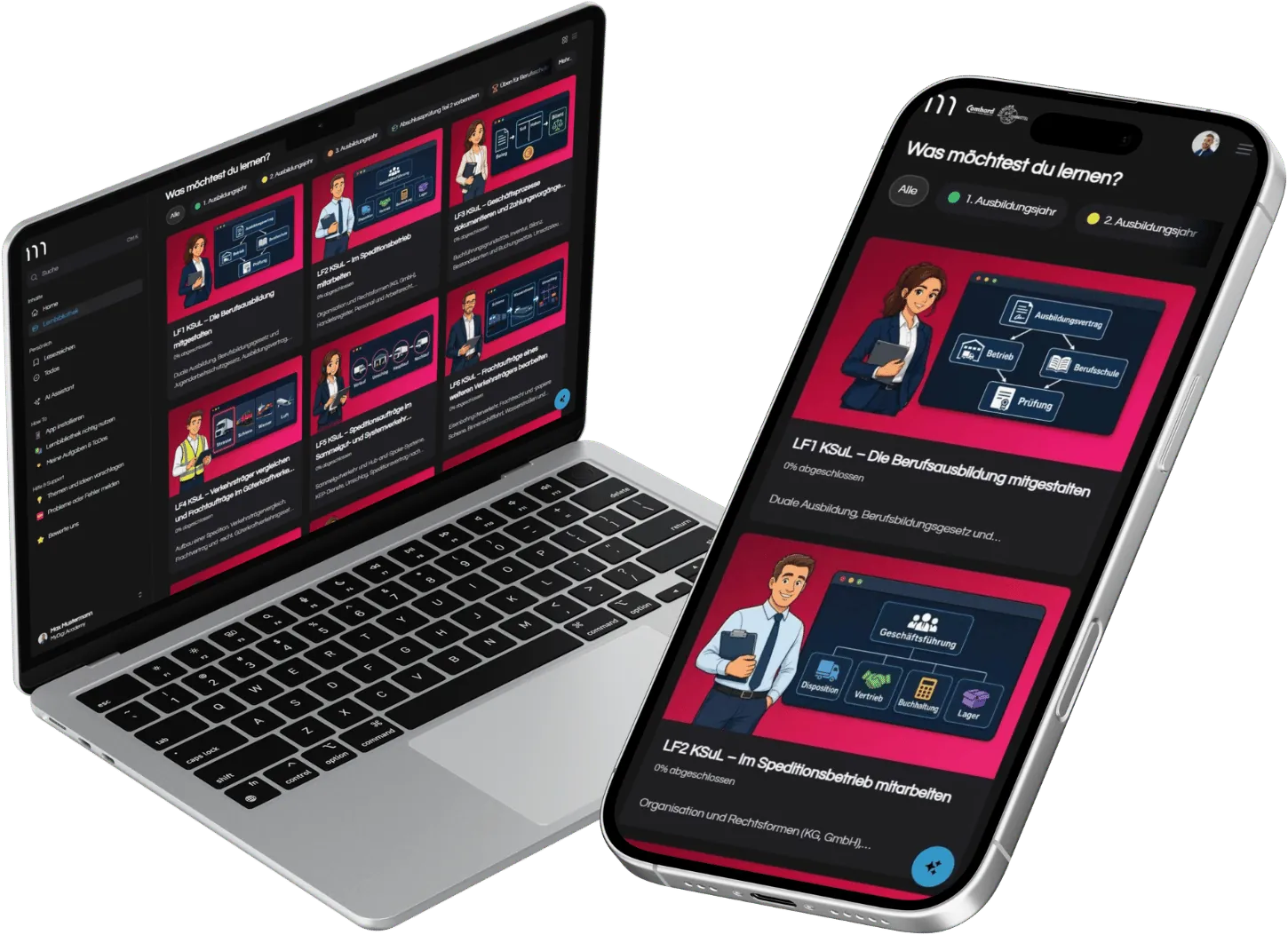 Lernplattform MyDigiAcademy für Kaufleute für Spedition und Logistikdienstleistung auf Laptop und Smartphone: Lernbibliothek mit Lernfeldern und Prüfungssimulationen