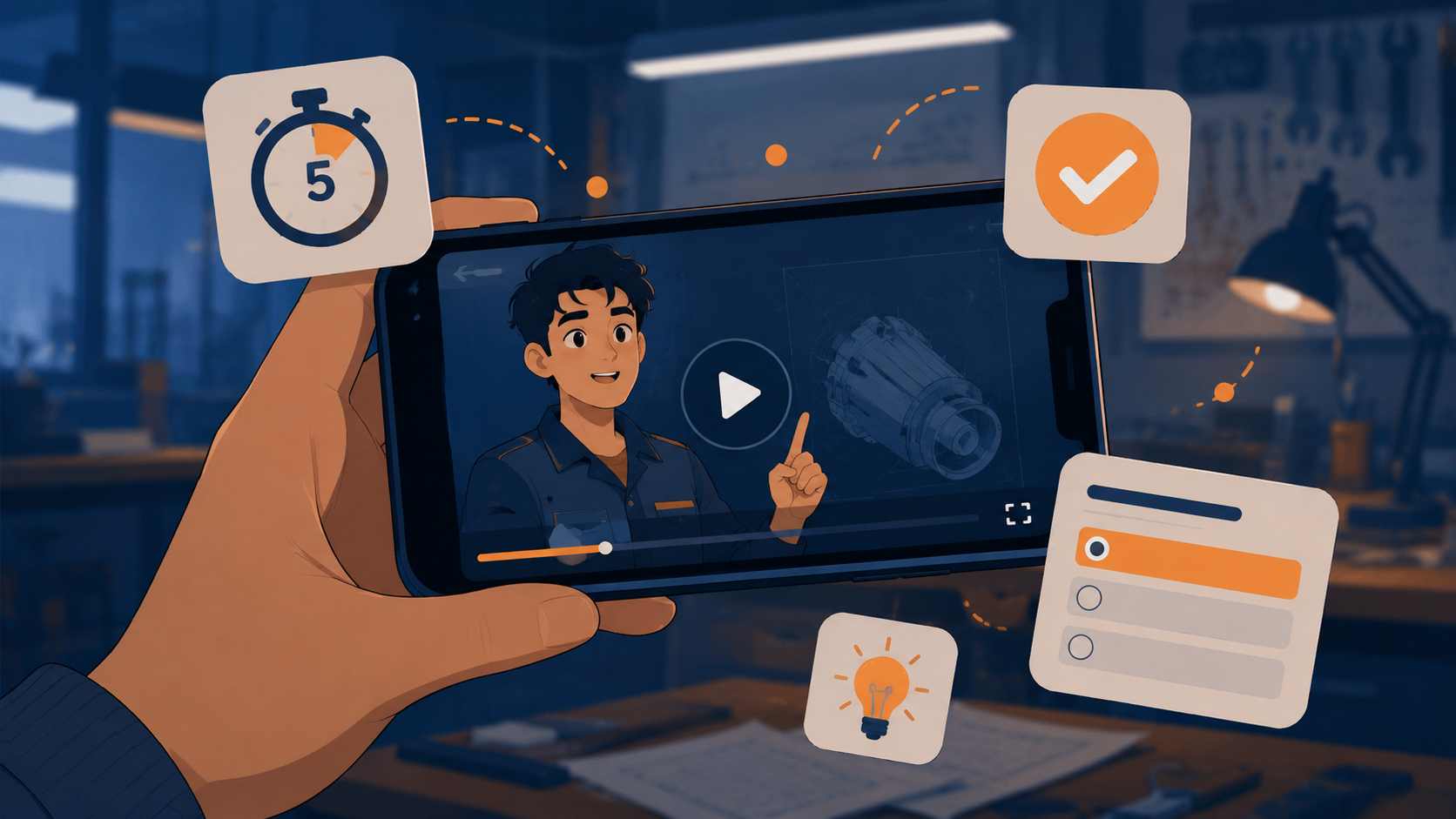 Smartphone mit Microlearning-Video, 5-Minuten-Timer und Quiz – kurze Lerneinheiten im Ausbildungsalltag